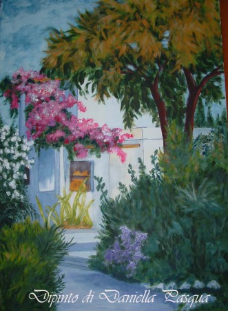 Angolo di un giardino - Acrilico su tela e tocchi di inchiosrto blu - 70x 50 /In vendita: contattare Amministratore sito